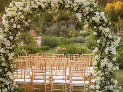 Arco floral de ceremonia civil instalado junto a un jardín con sillas para los invitados