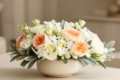 Centro floral bajo con flores blancas y melocotón en un recipiente de cerámica clara para decorar una mesa