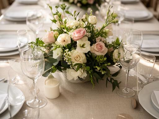 Centro de mesa bajo con flores de temporada y follaje para una celebración de boda
