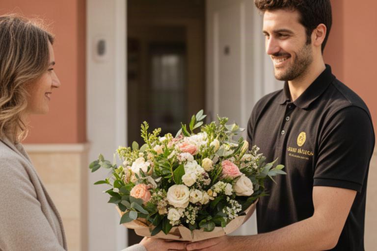 Repartidor entrega un ramo de flores frescas en la puerta de una vivienda de Pinto