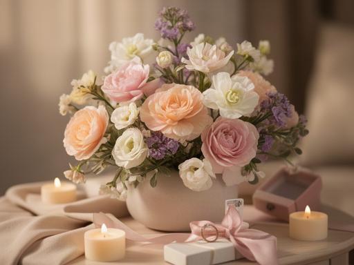 Composición floral en tonos suaves preparada para una pedida de mano en un espacio íntimo