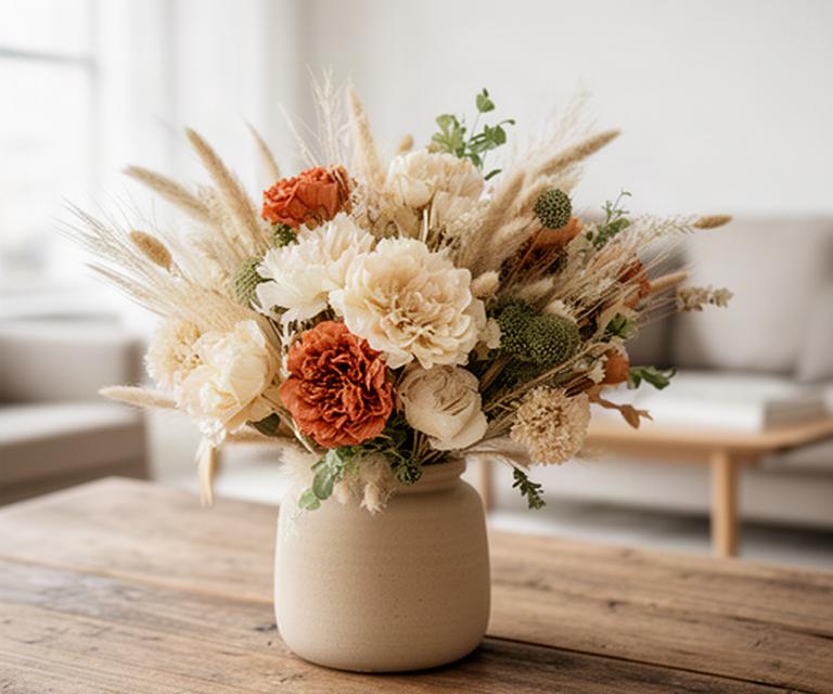 Ramo de flores secas y preservadas en tonos crema y terracota sobre una mesa de madera en un salón luminoso