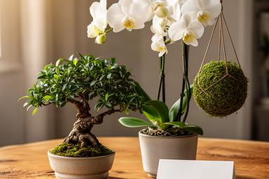 Orquídea blanca junto a un bonsái y una kokedama colocados sobre una mesa de madera
