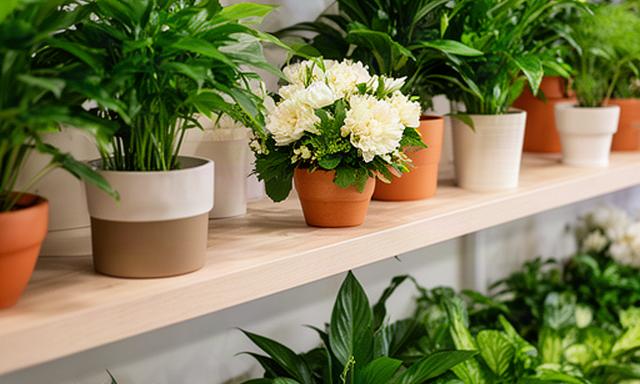 Plantas de interior de hojas verdes y un pequeño centro floral colocados en estantes de una tienda de Pinto