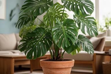 Monstera de hojas verdes en una maceta de barro en un salón con luz natural