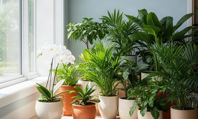 Plantas tropicales, una orquídea y macetas de cerámica junto a una ventana luminosa de un hogar