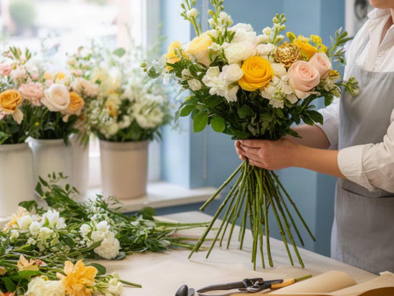 Florista preparando un ramo de flores frescas junto a una mesa de trabajo luminosa en Pinto