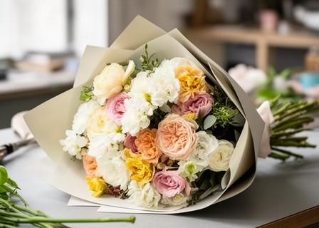 Ramo de flores frescas envuelto en papel claro y preparado sobre la mesa de una floristería