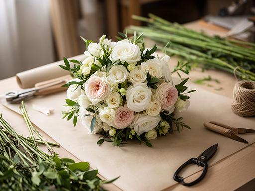 Ramo de novia con flores claras y follaje de temporada preparado sobre una mesa de trabajo