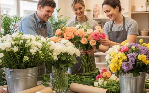 Equipo de floristería organizando flores y preparando arreglos en el taller de la tienda